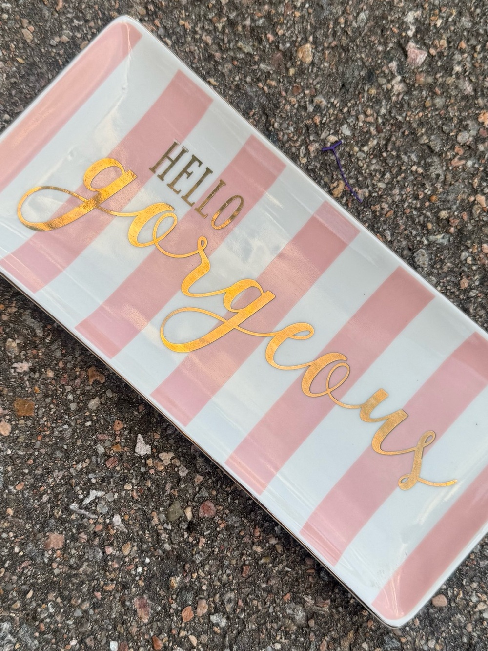 Porcelain Pink & White Stripe Trinket Tray with “Hello Gorgeous” Imprint